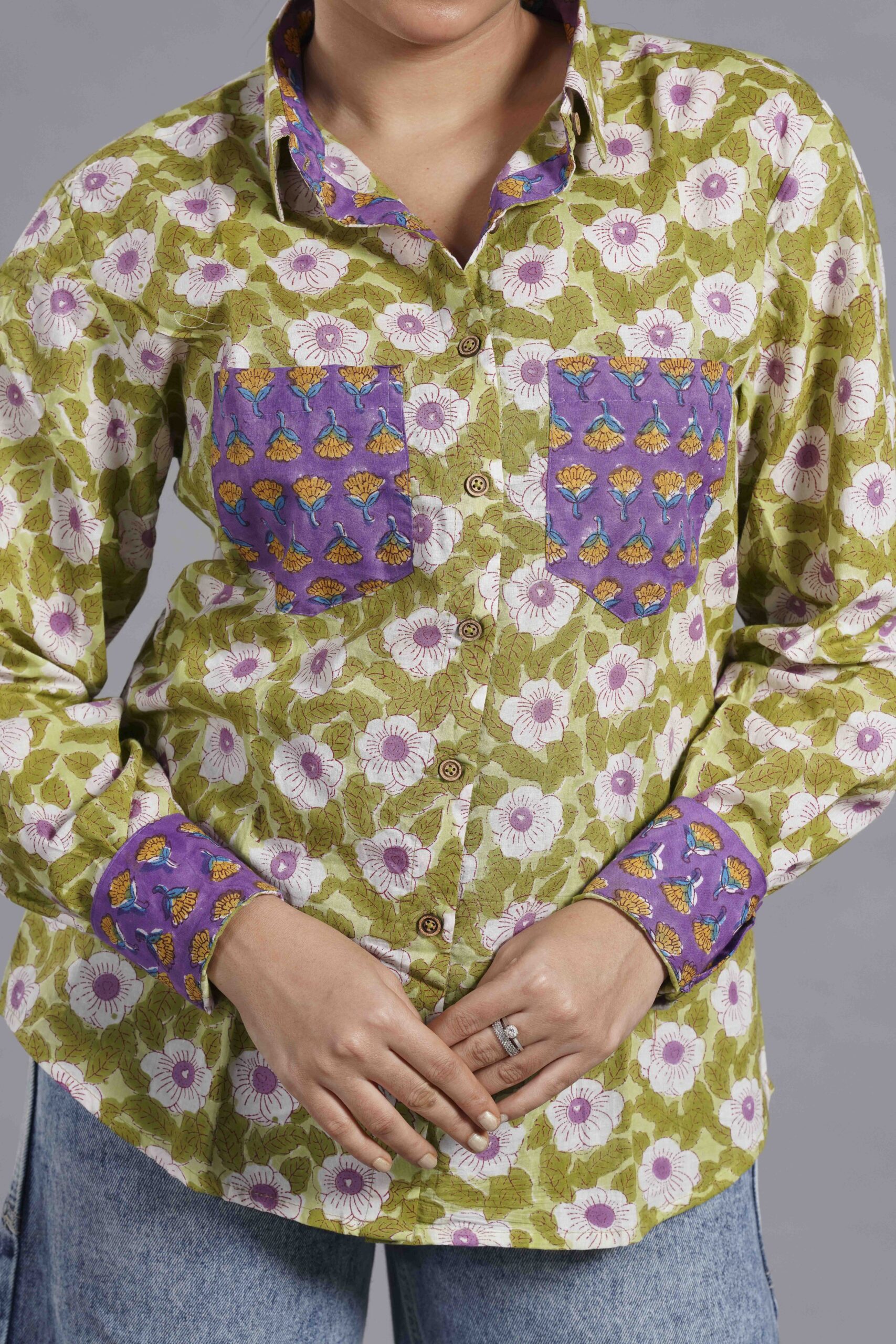 Olive Sanganeri Patchwork Shirt - Image 5