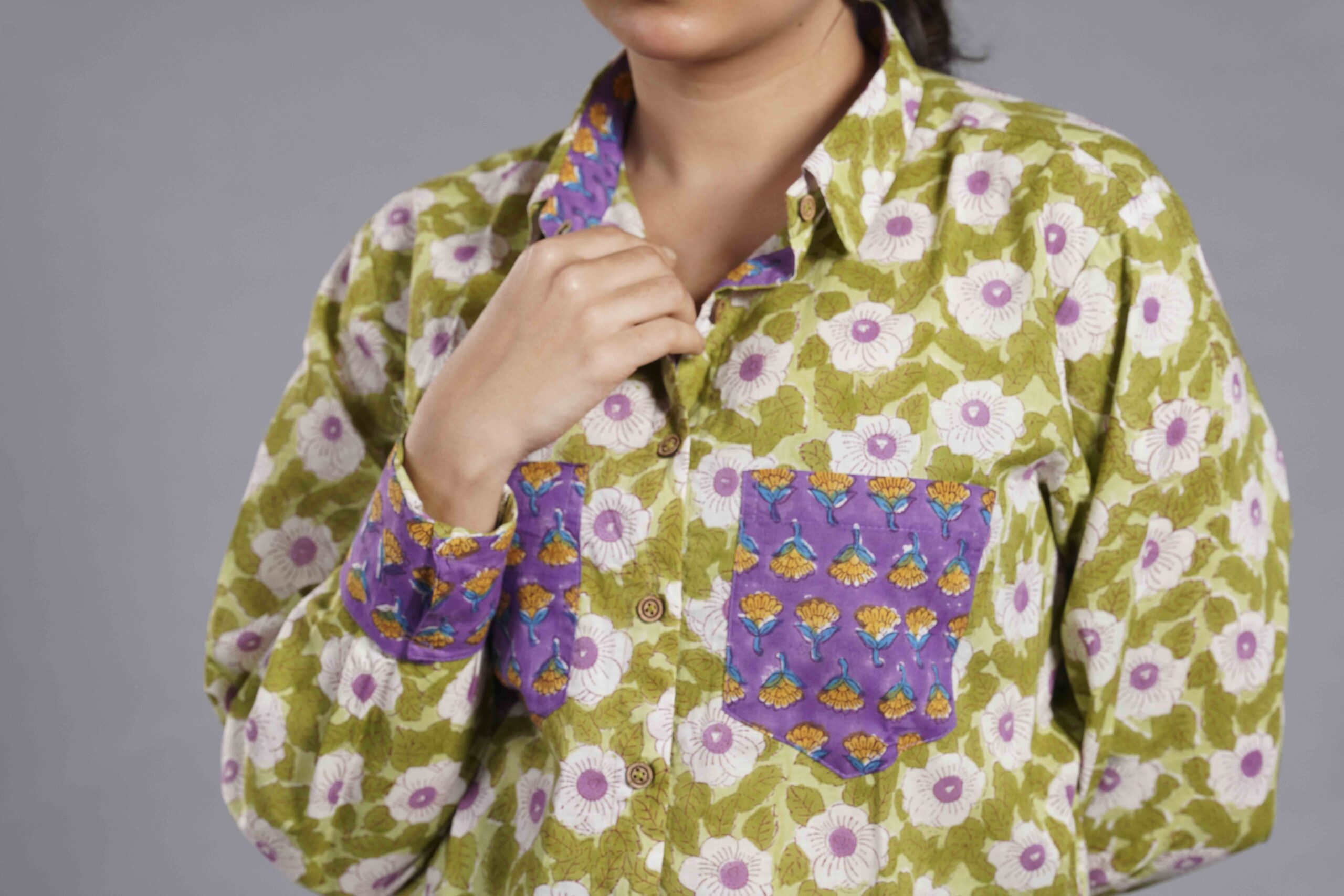 Olive Sanganeri Patchwork Shirt - Image 3